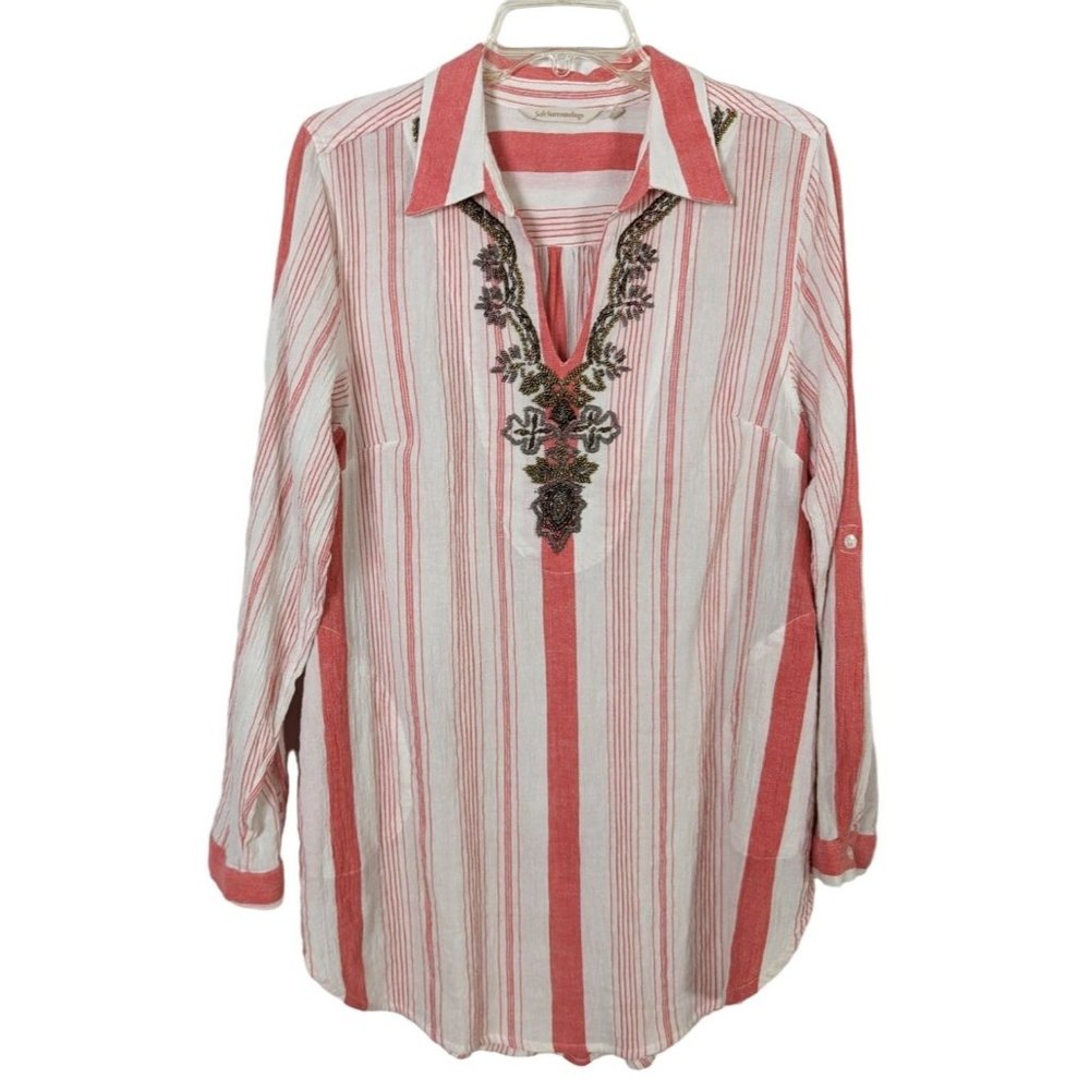 Soft Surroundings striped gauze embellished Tunic pink white‎ Tunic size M
